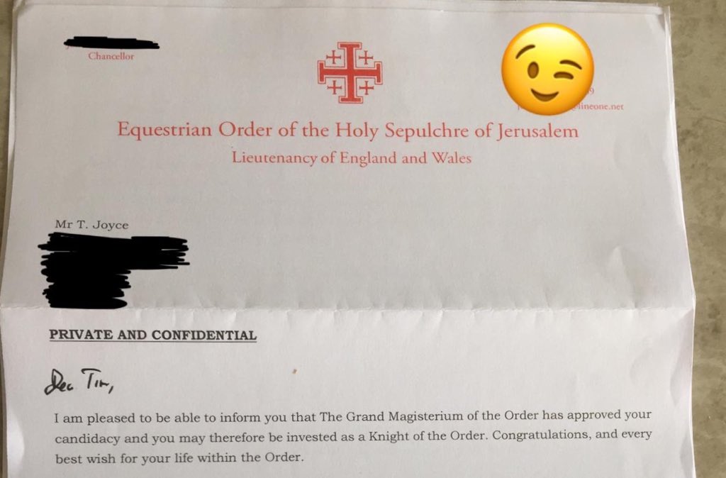 Thadie's tweet photo. I have received a great blessing for me and my family. I will be receiving a Catholic knighthood approved by the pope

The Equestrian Order of the Holy Sepulchre of Jerusalem is a Roman Catholic order of knighthood under the protection of the Pope🇻🇦 #catholic https://t.co/BG2fBxdKF8