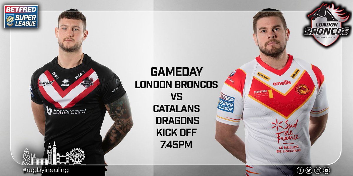 🚨GAMEDAY🚨 
<a href="/LondonBroncosRL/">London Broncos</a> take on <a href="/DragonsOfficiel/">Dragons Catalans</a> as we return to  <a href="/SuperLeague/">Betfred Super League</a> action. #BroncosAreBack

    🏆 <a href="/SuperLeague/">Betfred Super League</a> 
    🎫 Trailfinders Sports Club
    📆 Thursday 18th April
    🕰️ 7.45pm Kick Off