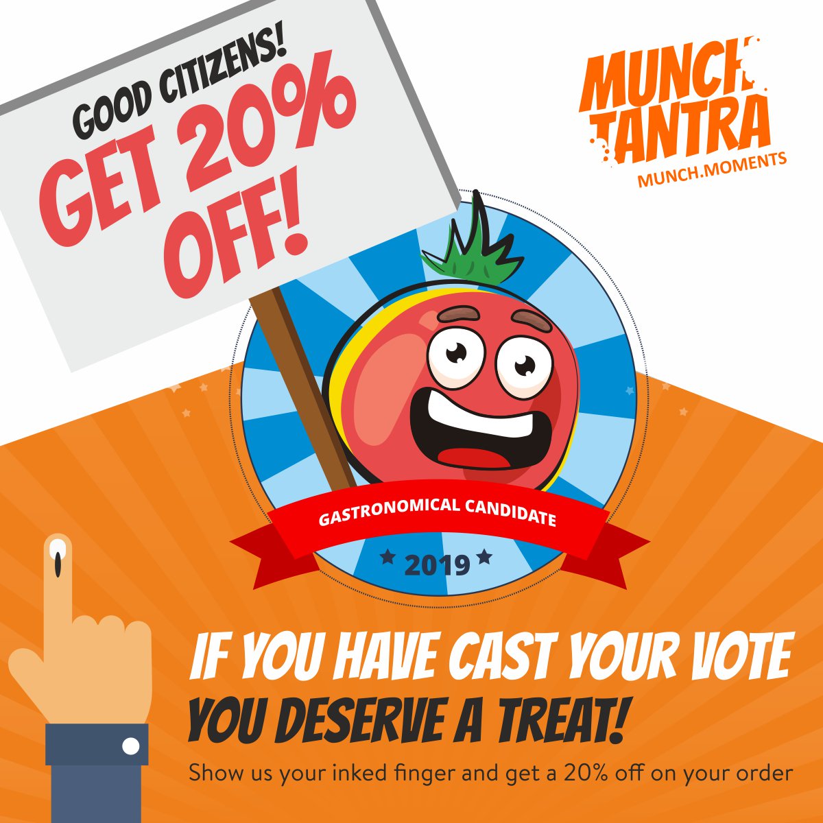 MunchTantra's tweet photo. If you have cast your vote, you deserve a treat!

Show us your inked finger and get a 20% off on your order!
#MunchTantra #Inked #Elections https://t.co/XUCitkauYc