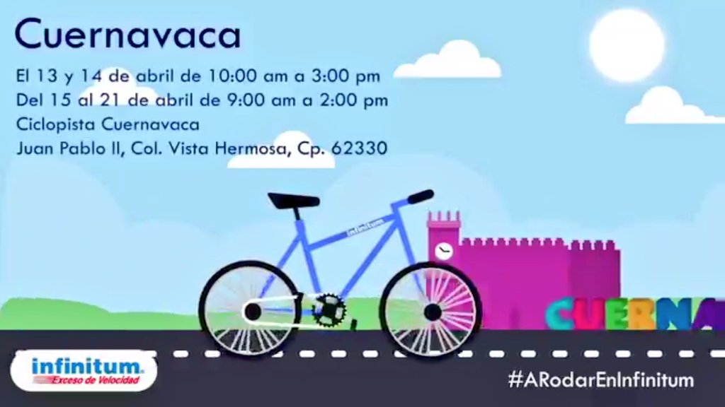 CarlosCuerna's tweet photo. Vía @infinitum En vacaciones 🏖️ ☀ 🏖️ 🏝️ ven #ARodarEnInfinitum 🚲 en Cuernavaca, Morelos, México 🇲🇽 
Por ser #Macronet #Infinitum te presta hasta 4 bicis 🚲 🚴 🚲 🚴 en Ciclopista Cuernavaca 🚴 Av. Juan Pablo II, colonia Vista Hermosa #Cuernavaca #Morelos https://t.co/Kbq2TZrEsa https://t.co/aimfIb3oTa