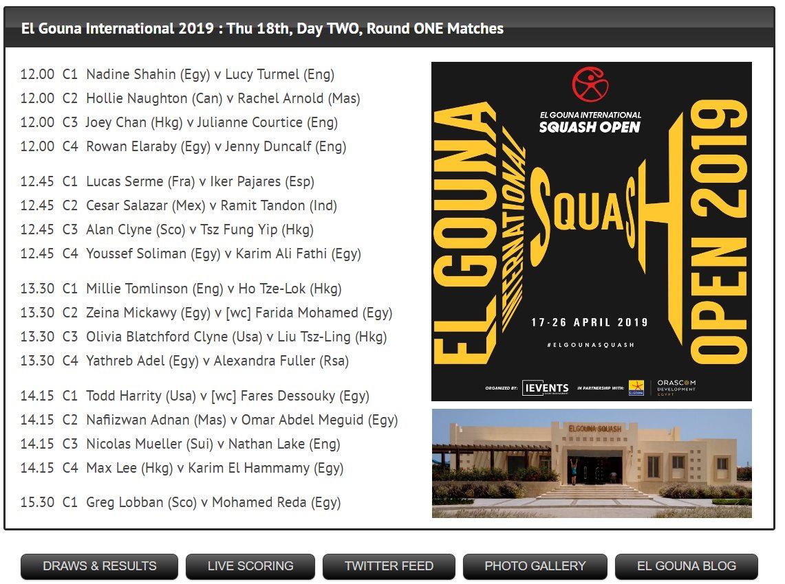 TODAY at the #ElGounaSquashOpen 

Round One concludes on Day Two 

Schedule and more :  elgounasquashopen.com/19-day-two