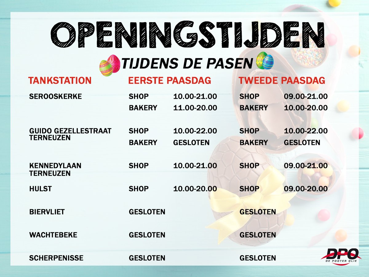 Mocht je tijdens de Paasdagen willen tanken bij een van onze tankstations, houd dan rekening met onze aangepaste openingstijden. De Pooter Olie wenst je vrolijk Pasen!