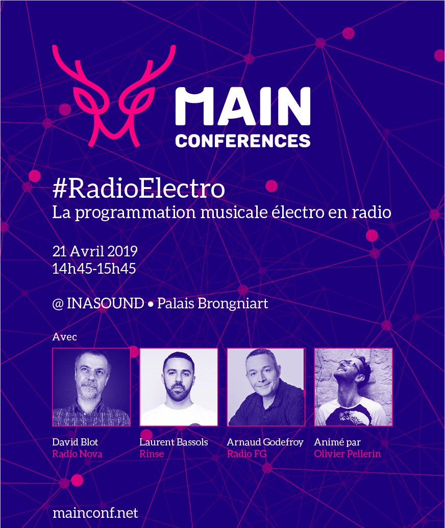 Radio_20's tweet photo. Masterclass #RadioElectro #InaSound La programmation musicale électro en #radio avec @davidblotclub @laRadioNova, @AzamatBogdanov @RinseFrance, Arnaud Godefroy @RadioFGOfficiel et @OlipeMan
Dimanche 21 avril 14h45 @PalaisB #MAINconf 2019
info/inscription https://t.co/P7fnATv0PT https://t.co/wDFJTjMgdk