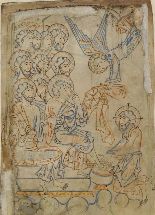 Christ washing St Peter's feet, as an angel waits attendance with a towel, from an 11th-century English Psalter  http://www.bl.uk/manuscripts/FullDisplay.aspx?ref=Cotton_MS_Tiberius_C_VI