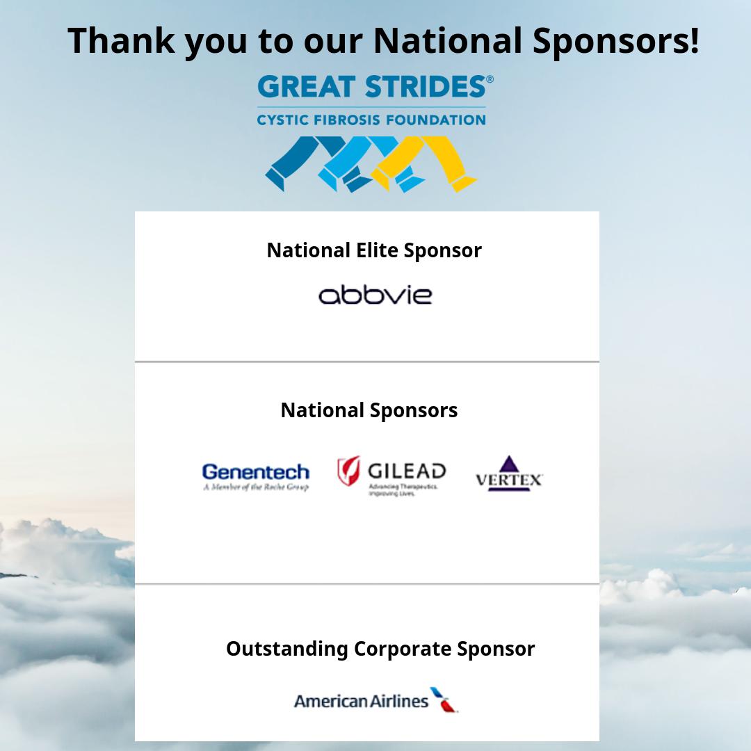 CFF_NJ's tweet photo. This #ThankYouThursday goes to our National Great Strides Sponsors! We are so thankful for you! #GreatStrides2019 #CureCF https://t.co/cgmJzaxGIZ