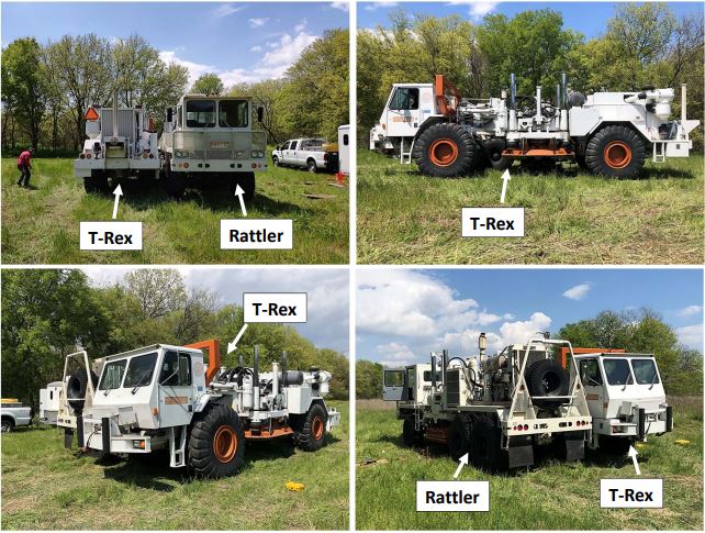UTmobileShakers's tweet photo. See what can happen when we work together?! Recent proof-of-concept work in Austin shows that when T-Rex and Rattler shake together, we can induce larger soil strains and pore water pressure. Can't wait to try this new technique in future in-situ liquefaction tests! https://t.co/363XJQiFKr
