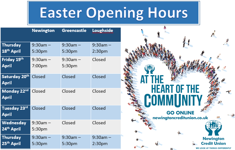 ❗️Easter Opening Hours ❗️
Our online services can be used even if we are closed. Just go to our website at; newingtoncreditunion.co.uk