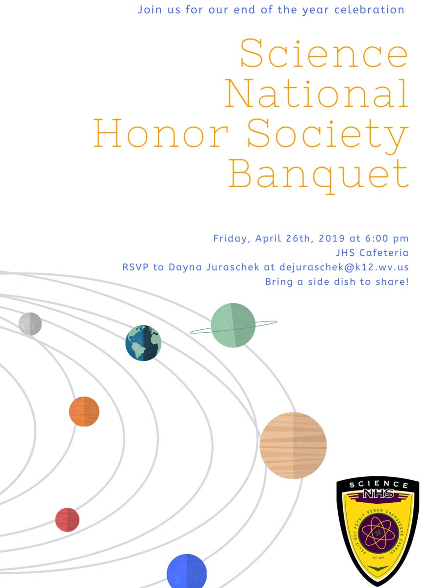 JHS_ScienceNHS's tweet photo. SNHS members and families are cordially invited to attend this year’s Science National Honor Society Banquet on April 26th in the cafeteria. Please plan on bringing a dish to share, and RSVP to Mrs. Juraschek. @jhs_comm https://t.co/IpM3Oamhve