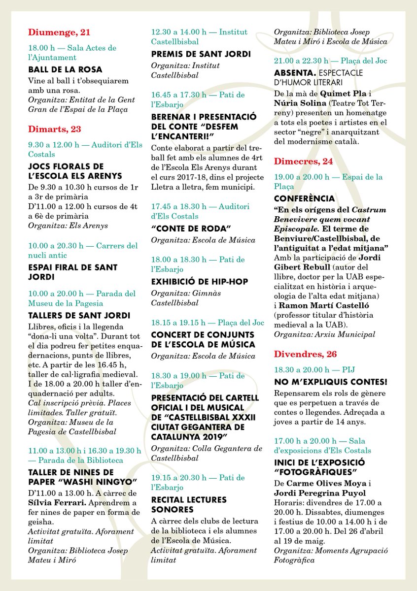Ja queda ben poc per #SantJordi! A Castellbisbal, tindrem fira, tallers, presentació de llibres, teatre, roses... un munt d'activitats pensades per a tots els públics! Vine a gaudir al centre de la vila! Us hi esperem!

#castellbisbal #llibres #roses