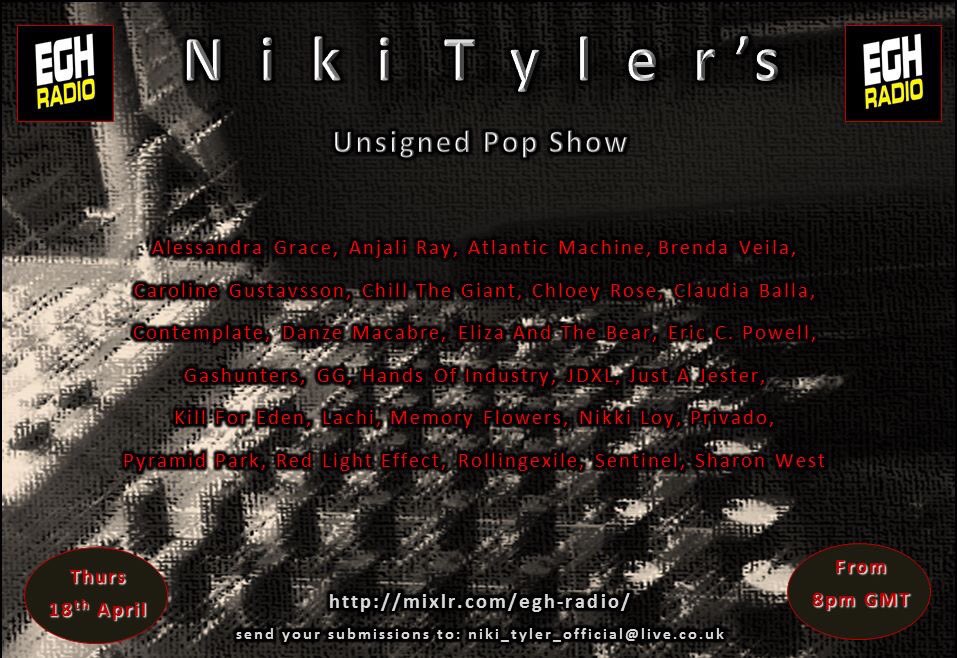 Playing on my <a href="/EGHRadio/">EGH Radio</a> pop show tonight <a href="/officialprivado/">@officialprivado</a> <a href="/1pyramidpark/">pyramidpark</a> <a href="/ulachi/">Lachi</a> <a href="/thealessandra_g/">Alessandra Grace</a> <a href="/KillForEden/">Kill For Eden</a> <a href="/anjaliraymusic/">Anjali Ray Music</a> <a href="/RLEUKOfficial/">RED LIGHT EFFECT</a> <a href="/nikkiloymusic/">Nikki Loy</a> <a href="/Brenda_Veila/">Brenda Veila</a> <a href="/OfficialJDXL/">JDXL</a> <a href="/SentinelDream/">SENTINEL</a> #JustAJester <a href="/rollingexile/">Rollingexile</a> <a href="/Gashunters/">Gashunters</a>