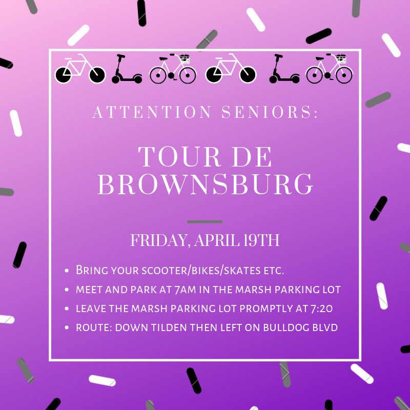 Samuel_Miller13's tweet photo. Just a reminder seniors, RAIN OR SHINE WE ARE HAVING TOUR DE BROWNSBURG TOMORROW ⚠️⚠️ Bring your ride to the marsh parking lot at 7 tomorrow and throw on your favorite jersey 🤮🤩 https://t.co/1Z6GvzDoUY