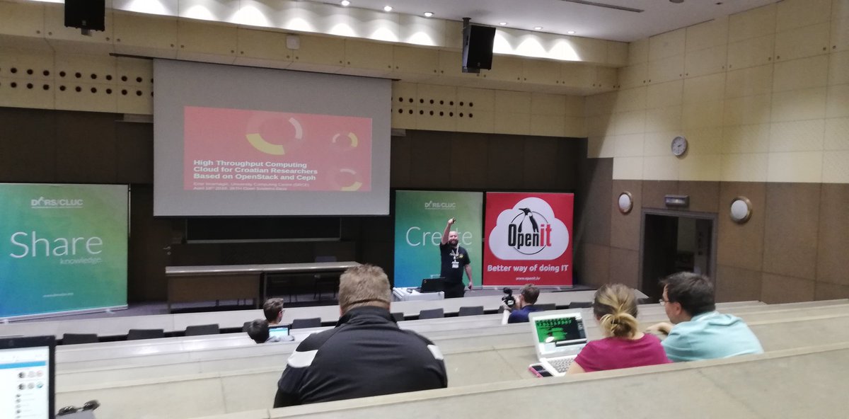 jplavac's tweet photo. High Throughput Computing Cloud for Croatian Researchers Based on OpenStack and Ceph: Emir Imamagić from @SrceHr talks about migrating Croatian national grid infrastructure from grid middleware to cloud platforms, at #dorscluc @dorscluc https://t.co/uGivwNhZR5