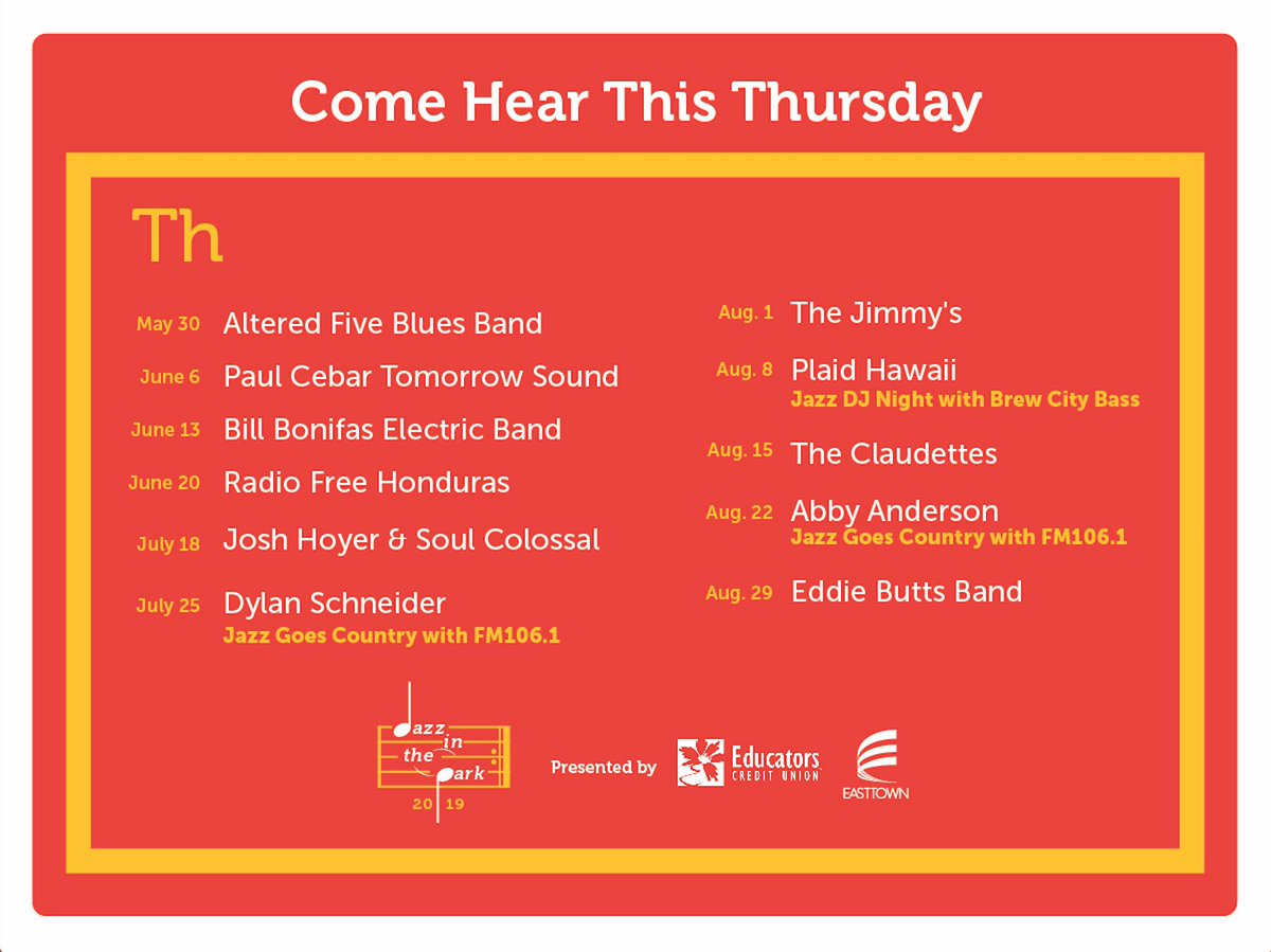 The official Jazz in the Park 2019 lineup is here! 🎷 Grab your picnic basket and join us every Thursday (May 30 - Aug 29) in Cathedral Square Park. Retweet if you’re feeling jazzed for summer! Click for more info: bit.ly/2Gup7Yb 
<a href="/EastTown/">East Town Assoc.</a> #MKEMYCITY #livemusic