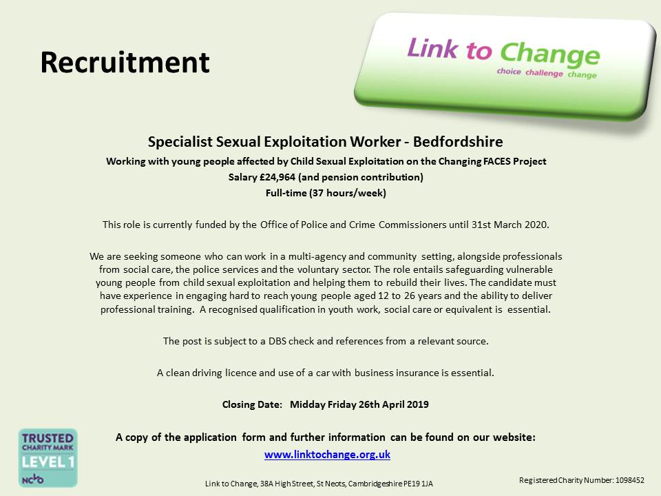 LinkToChange's tweet photo. #LinktoChange are currently #recruiting for a full-time Specialist Sexual Exploitation Worker for #Bedfordshire for more information please go to our website https://t.co/o7vrTO9Gpz #supportingyp #stopcse https://t.co/kPqGAnS5n0