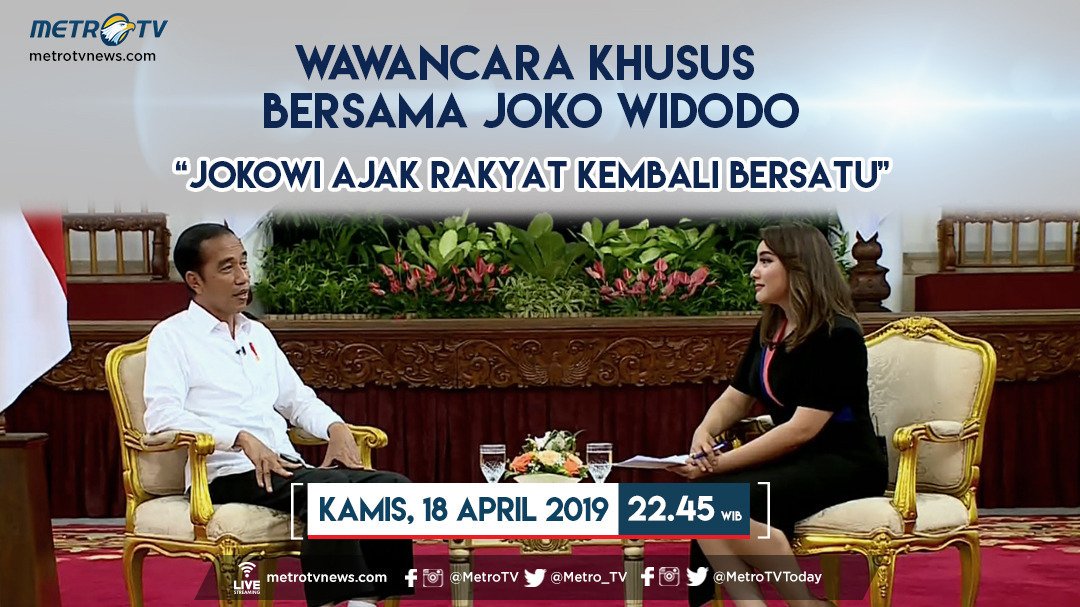 Metro_TV's tweet image. Jokowi berterima kasih kpd seluruh rakyat Indonesia atas terlaksananya #Pemilu2019 dgn lancar &amp;amp; baik. @jokowi meminta rakyat utk kembali bersatu &amp;amp; rukun usai pemilu. Ikuti wawancara khusus "Jokowi Ajak Rakyat Kembali Bersatu" Kamis (18/4) pkl 22:45 WIB #MetroTVIndonesiaMemilih