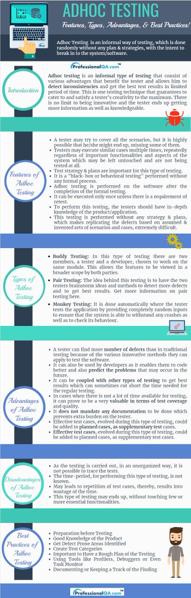 ProfessionalQA's tweet image. Check out our #infographic to get a deep insight into Adhoc testing. For full article click here bit.ly/2CHTdnQ
#adhoctesting #testingtypes #testingtechniques #softwaretesting #qualityassurance #professsionalqa #infographics