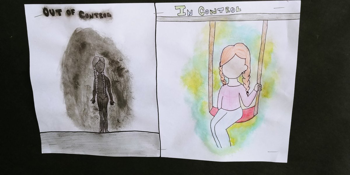 TheRealMrD4's tweet photo. Art and Mental Health awareness. The task: Use mixed media to express what it feels like when you are in control and out of control? The results are beautiful. #LockesPride https://t.co/ziyfqpAPCT