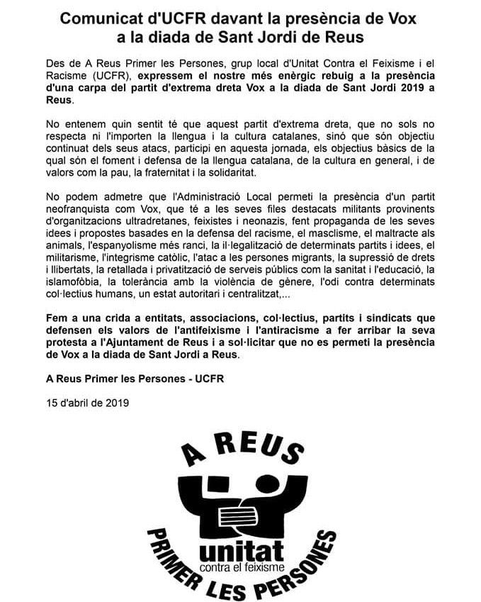 bsreus's tweet photo. Des de la BSR ens sumem al comunicat emès per Unitat contra el feixisme i el racisme mostrant el nostre rebuig a la presència de VOX. Per un Sant Jordi lliure de feixisme! https://t.co/ywvayB8dpN