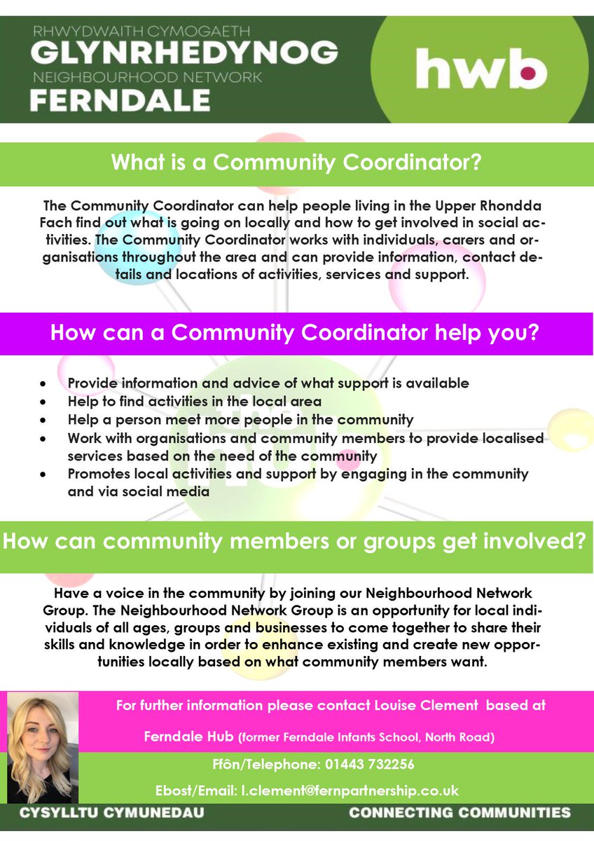 HwbFern's tweet photo. With Ferndale Hwb developments progressing well we would like to introduce you to our Community Coordinator Louise who will be based at the Hwb when it opens this summer. Please find below information on Louise's role and get in touch  if you require any support https://t.co/C7KmxRTgTo
