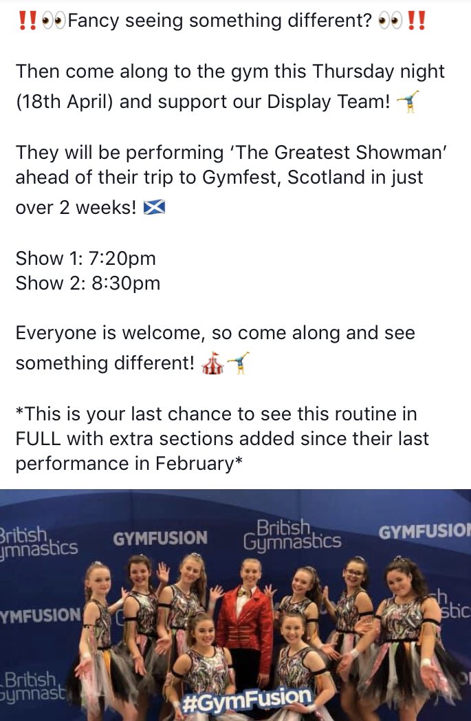 HartfordSOG's tweet photo. Come along and support the Display Team tonight! 7:20pm and 8:30pm 🤸♂️🎪
15 days until #gymfest2019 @ScotGymnastics. #seesomethingdifferent #gymnastics https://t.co/9DOfAAiyOG