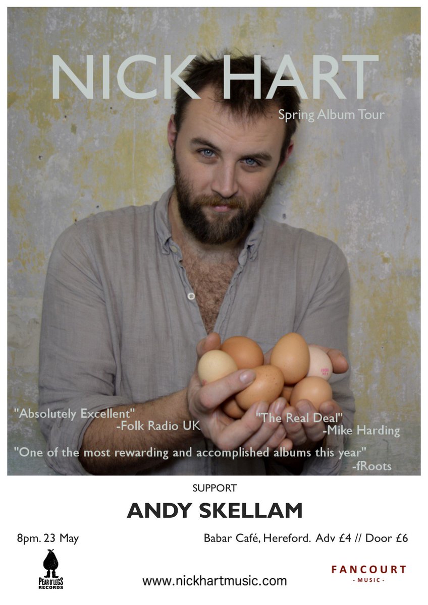 pearolegs's tweet photo. #Hereford massive!
@MrNickyHart releasing his second album and he'll be performing at the new and wonderful #BabarCafe on the 23rd May.
All this with support from #AndySkellam
Grab a ticket now
https://t.co/k4EowIDp4k
#folkmusic #albumrelease #eggs #recordlabel #tour #POLR https://t.co/ZXeNwmHTqA