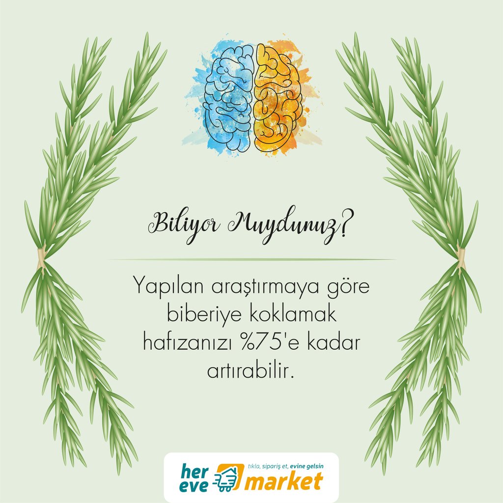 BİLİYOR MUYDUNUZ?
Yapılan araştırmaya göre biberiye koklamak hafızanızı %75'e kadar artırabilir.

herevemarket.com

#sagliklibeslenme #sebze #meyve #manav #saglikligida #organikgida #herevemarket #izmir #bornova #market #evesiparis #eglencelialisveris #alisveris