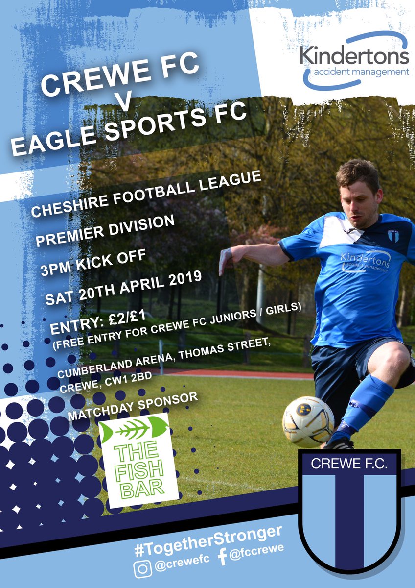 THE SEASON FINALE!

<a href="/CreweFC/">Crewe FC</a> conclude their <a href="/CheshireFL/">Cheshire Football League ⚽️</a> season this weekend as the Blues host <a href="/EagleSportsFC/">Eagle Sports FC</a>.

Following the game, all supporters are invited back to the Rising Sun, where free 🐟 &amp; 🍟 will be provided for all, thanks to our matchday sponsor <a href="/TheFishBarCrewe/">The Fish Bar - Crewe</a>!