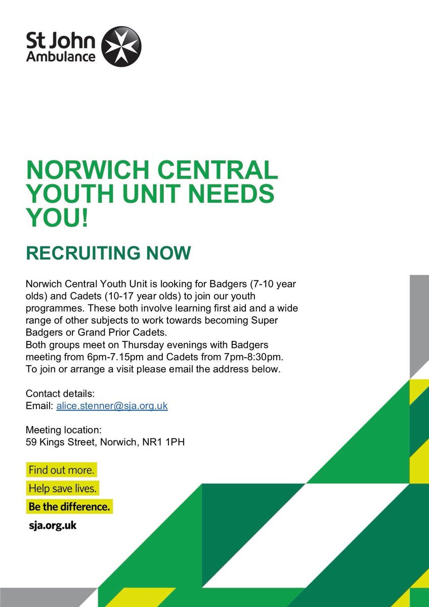 We’re #excited to say we’ve still got some spaces left in our #new #Norwich Central Youth Unit! If your child would like to learn some #lifesaving skills then get in touch to join. 
@EDP24 @BBCNorfolk @radionorwich @SJAEastYouth