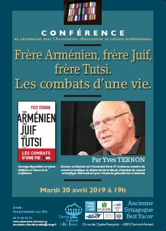 CCJI_63's tweet photo. Conférence du CCJI en partenariat avec l'association "Rencontres et Culture arméniennes". RDV : le 30 avril, à 19h, 20 rue des Quatre-Passeports, Clermont-Fd. Y. Ternon parlera de son dernier livre : "Frère Arménien, frère Juif, frère Tutsi. Les combats d'une vie." ed. L'Archipel https://t.co/cEboKA0dSv