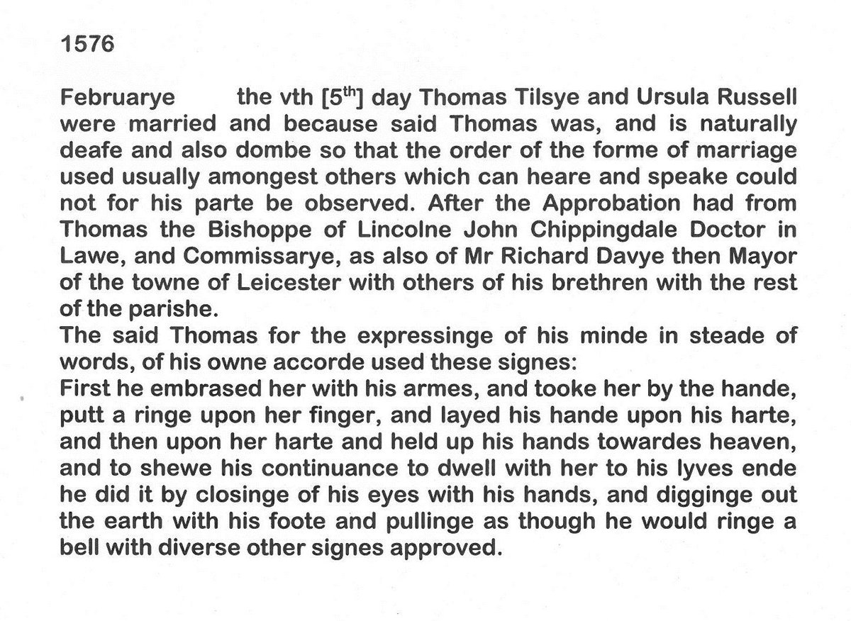This just is #Love so we had to tweet it again. 
In 1576 a 'deafe and dombe' man uses sign language to express his wedding vows by laying his hand upon his heart and then her heart. Acted out here 442 years later for our accreditation presentation on  5 Feb 2018. #Archive30