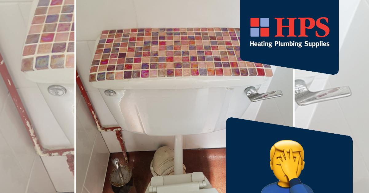 HPSMerchant's tweet photo. Cracked cistern lid? No dramas, tile it mate. π π€¦ββοΈ #InstallationFail #PlumbingFail https://t.co/QmA0LJNkN0