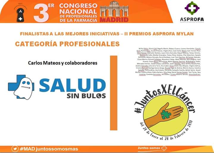 congresoasprofa's tweet photo. 3er CONGRESO ASPROFA
📆 17-18 Mayo '19
🏨 Hotel NH Madrid Ventas
FINALISTAS II PREMIOS ASPROFA-MYLAN
➡️PROFESIONALES:
1- JUNTOSXELCÁNCER (@JuntosXTuSalud)
2- @SaludsinBulos (Carlos Mateos)
➡️ESTUDIANTES:
1- III CONGRESO CEFAS (@CristobalKbza)
2- OYE ASPROFITA! (Enrique Blanco) https://t.co/fE5j7OP7jX