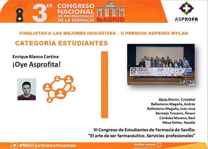 congresoasprofa's tweet photo. 3er CONGRESO ASPROFA
📆 17-18 Mayo '19
🏨 Hotel NH Madrid Ventas
FINALISTAS II PREMIOS ASPROFA-MYLAN
➡️PROFESIONALES:
1- JUNTOSXELCÁNCER (@JuntosXTuSalud)
2- @SaludsinBulos (Carlos Mateos)
➡️ESTUDIANTES:
1- III CONGRESO CEFAS (@CristobalKbza)
2- OYE ASPROFITA! (Enrique Blanco) https://t.co/fE5j7OP7jX