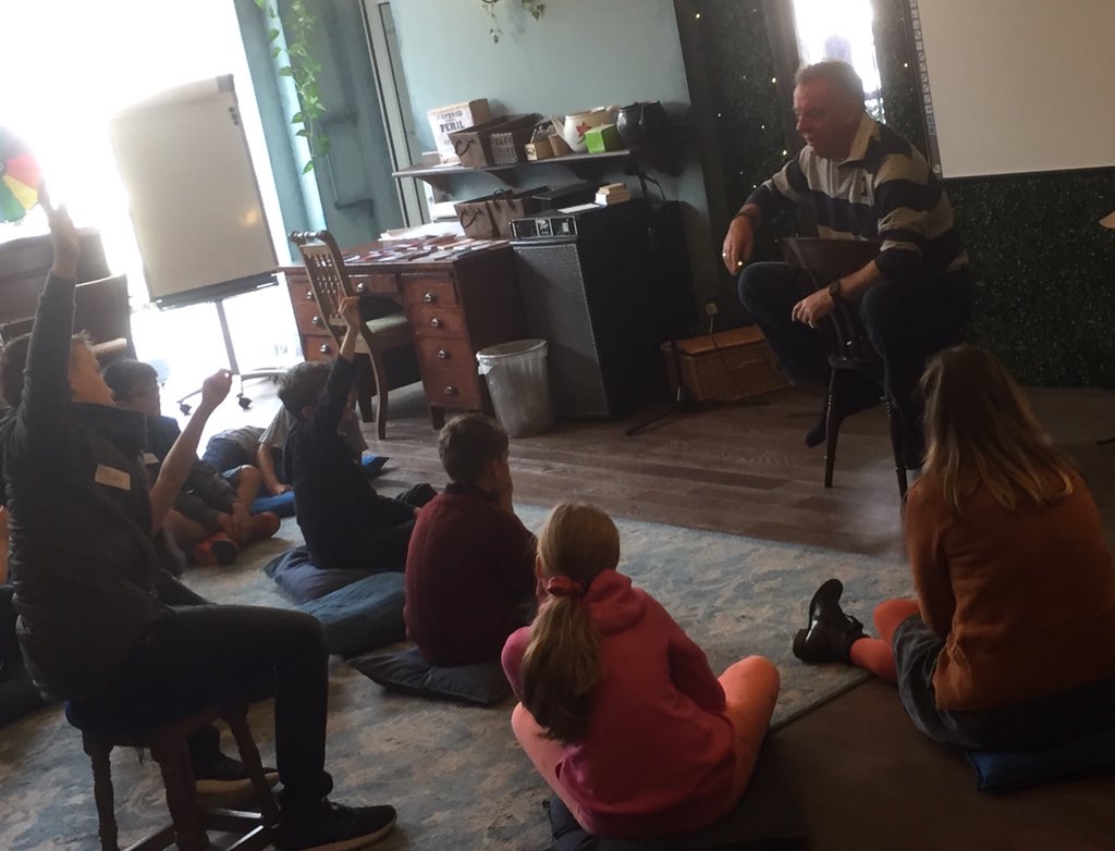 GrimmAndCo's tweet image. A Writer’s Pad full of children (and volunteers!) transfixed by the fabulous @Claytoncast. #WritingforRadio @BBCRadio4 @ace_national @ace_thenorth
