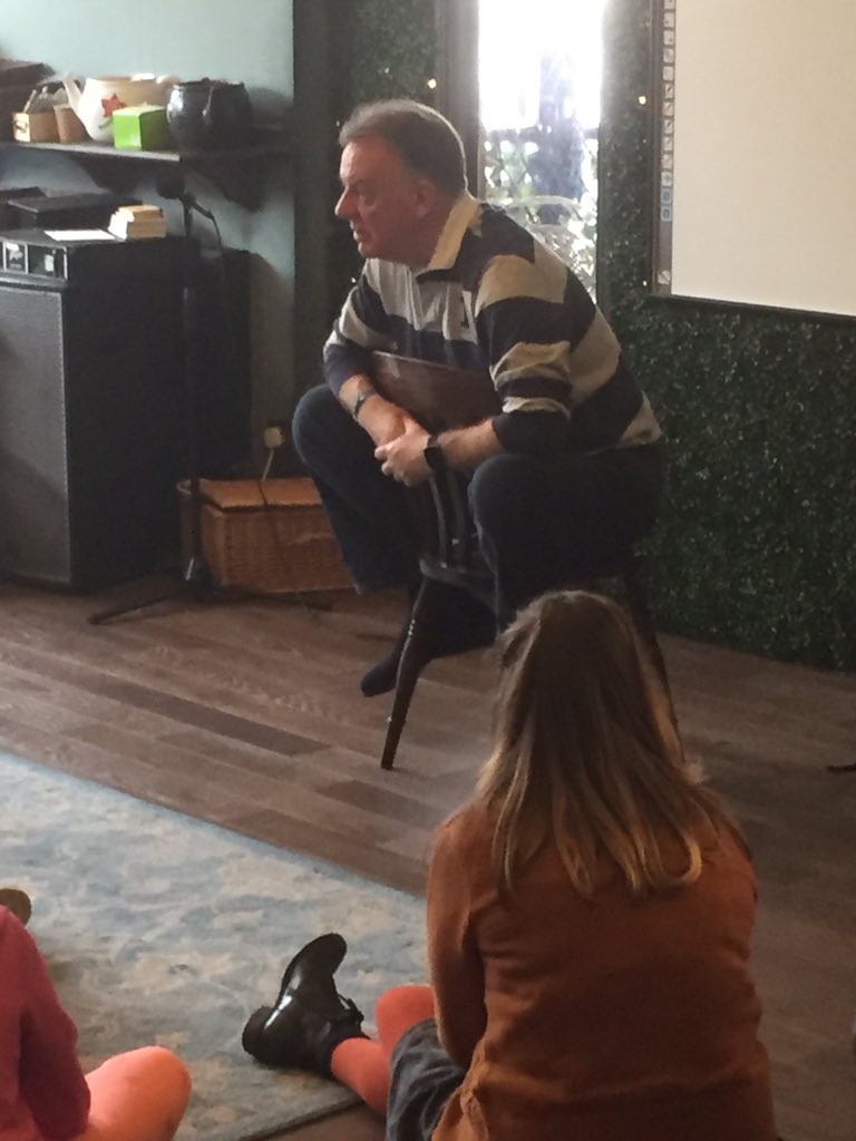 GrimmAndCo's tweet image. A Writer’s Pad full of children (and volunteers!) transfixed by the fabulous @Claytoncast. #WritingforRadio @BBCRadio4 @ace_national @ace_thenorth