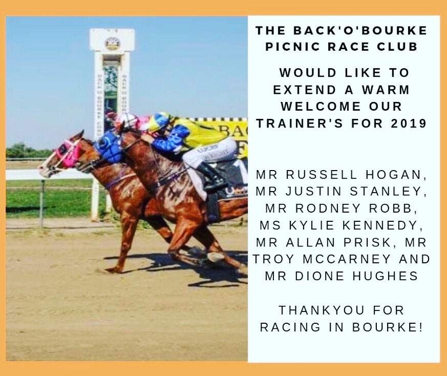 BourkeRaceClub's tweet photo. A very warm welcome to our 2019 trainerβs! πππ
#bourkepicnicraces #bourke #picnicraces #fashion #jumpingcastle #familyfriendly #wraraces #racingnsw #fotf #splashecola #countryracing #backobourke https://t.co/G9402PS7Em