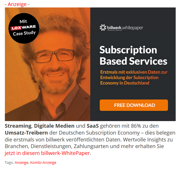 turi2's tweet photo. Anzeige: Streaming, Digitale Medien und SaaS gehören zu den Umsatz-Treibern der Deutschen Subscription Economy. @billwerk_com liefert im WhitePaper wertvolle Insights zu Branchen, Dienstleistungen, Zahlungsarten. https://t.co/ZaXZ69LXBT https://t.co/u8HJaCDvXu