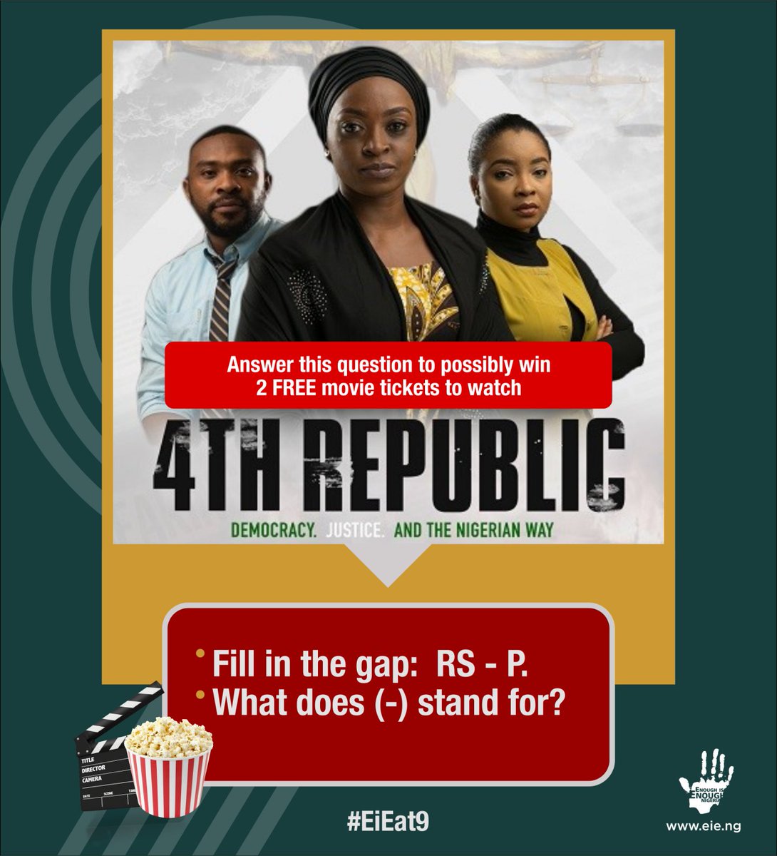 EiENigeria's tweet photo. #Kano Active Citizens,
Reply with your answer to stand a chance to possibly win 2 FREE movie tickets to watch #4thRepublic.
#EiEat9 https://t.co/1hYKIMfKN3