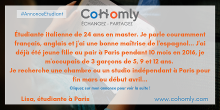 CoHomly's tweet photo. Pour retrouver Lisa et la contacter, rendez-vous sur CoHomly 😁 !  👉 https://t.co/xVPXskQ5ja

#annonce #étudiante #famille #collaboratif #service https://t.co/Pnf4xhsdSa