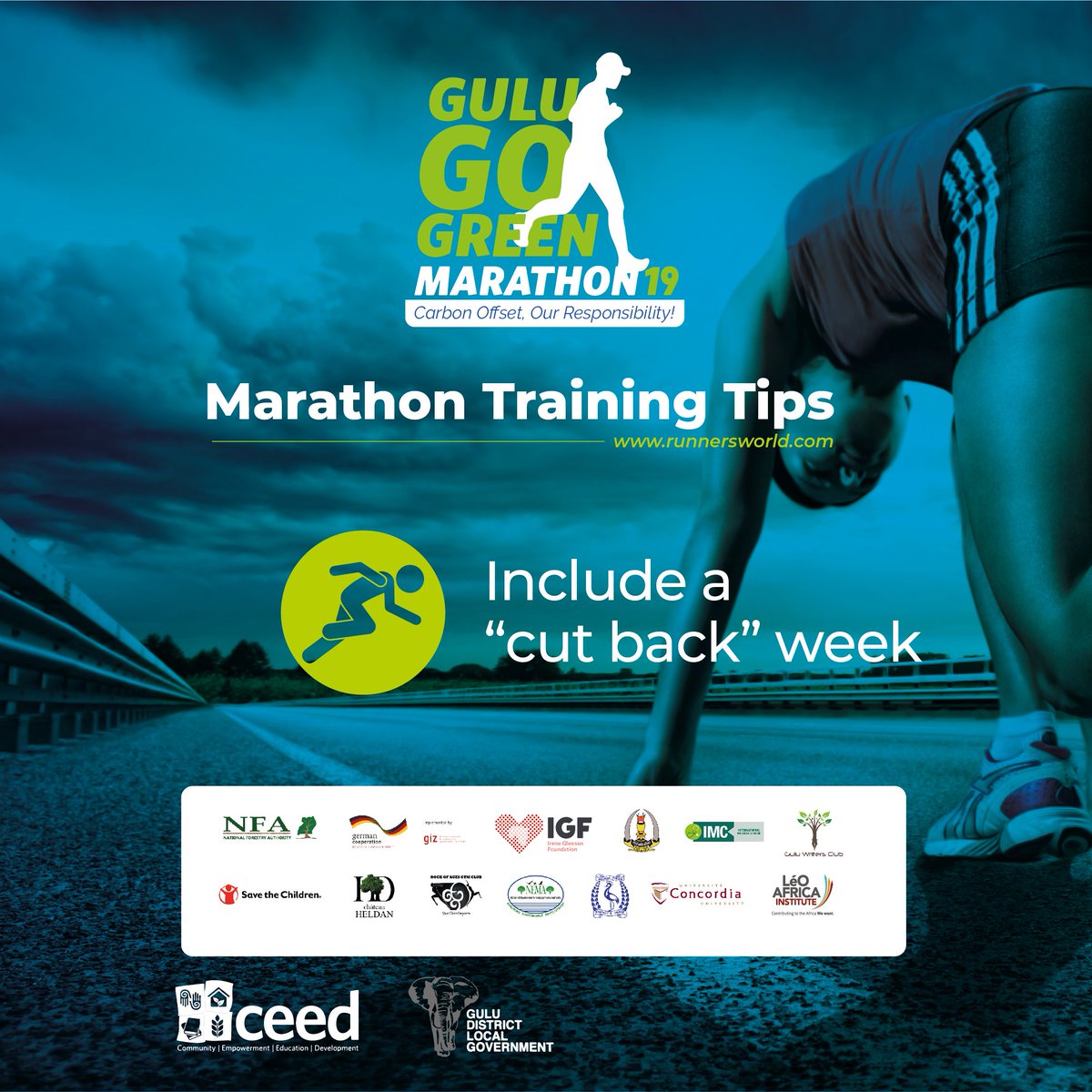 ceed_uganda's tweet photo. #MarathonTrainingTips #GuluGoGreenmarathon19
Every third or fourth week of training, take your foot off the gas and cut back a little. This means reducing your mileage and using it as an easy week. @ntvuganda @nemaug @NFAUG  @stanbicug @DailyMonitor @ogeneddy @Northfly2 @Nyero_K https://t.co/luUWPV6euv