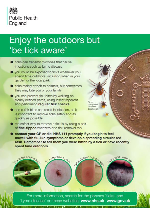 If you’re out and about during the Easter break, make sure you're #tickaware . Some ticks carry bacteria that can cause Lyme disease. If bitten, remove any tick as soon as possible to reduce chance of infection. nhs.uk/conditions/lym…