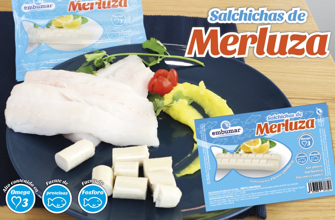 Embumar's tweet photo. [NOVEDAD ⚠️]
Lanzamos las salchichas de #merluza, producto de la pesca, elaborado a base de carne troceada de Merluzas, a modo de #salchichas. 
¡Una fuente de #fósforo, #proteínas y #omega 3! 💪 La forma más rica de cuidarse😊.
https://t.co/Unyww2RJdv

#Embumar https://t.co/goZjefzFEJ