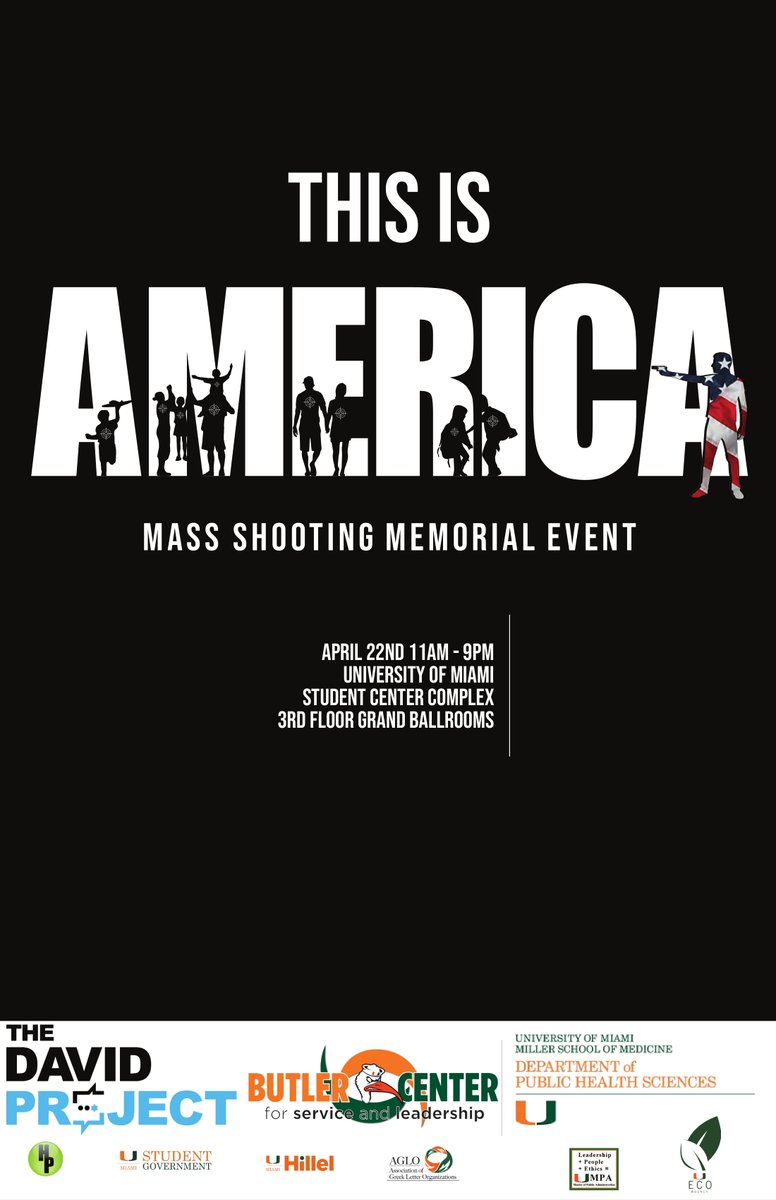GVRAPmiami's tweet photo. This is America, an event to raise awareness on mass shootings, is taking place April 22 at the UM undergraduate campus. There will be interactive exhibits and live art pieces, so we hope to see you there! https://t.co/j0bGqozC0R