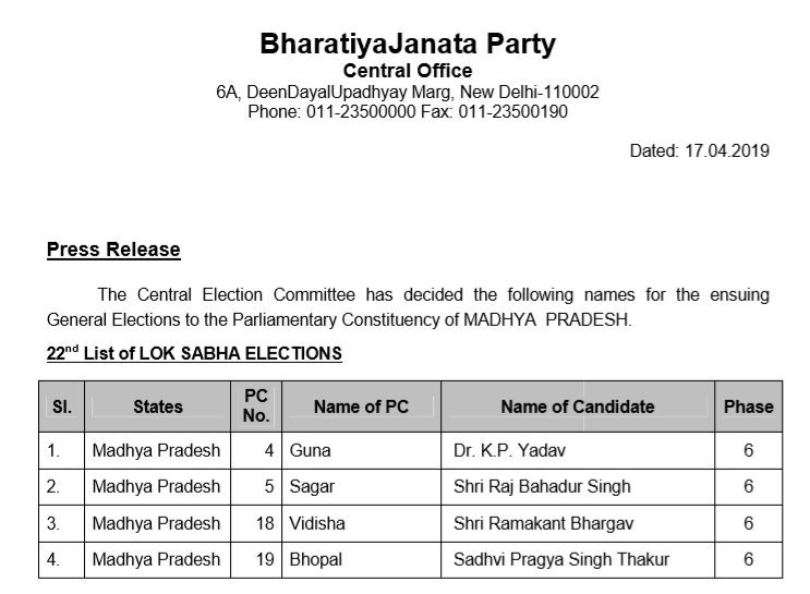 Aryu_News's tweet photo. #BJP releases list of four candidates for #LokSabhaElections2019 in #MadhyaPradesh ; #Sadhvi Pragya Singh Thakur to contest from Bhopal against #Congress's #Digvijaya Singh https://t.co/d9m9uuiRnW