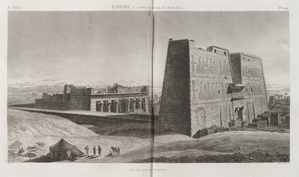 For  #WorldHeritageDay, a thread on the houses on top of the Temple of EdfuInspired by  @malfy_c, I decided to find out what happened to them.(Image from Description de l'Égypte, vol. 1 Planches : Antiquités, 1809) https://digitalcollections.nypl.org/items/510d47e0-0f5a-a3d9-e040-e00a18064a99