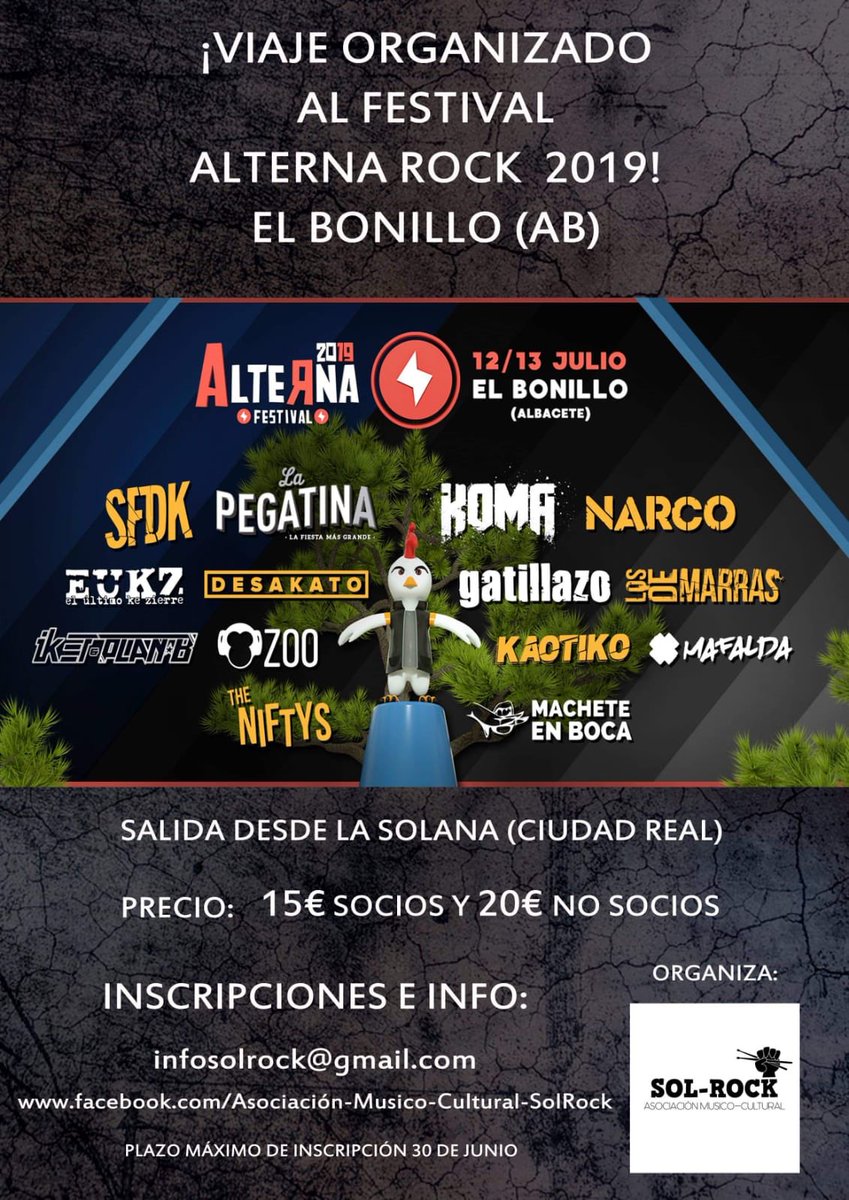 FSolrock's tweet photo. Muy buenas, estamos organizando viaje para el Alterna Rock en El Bonillo (AB) si alguien esta interesado podéis escribir por aquí o FB o bien en ste correo: infosolrock@gmail.com y os informaremos d todo.
Compartir para que llegue a la mayor gente posible.
🤘🤘🤘@AlternaFestival https://t.co/5vO74dgiJT