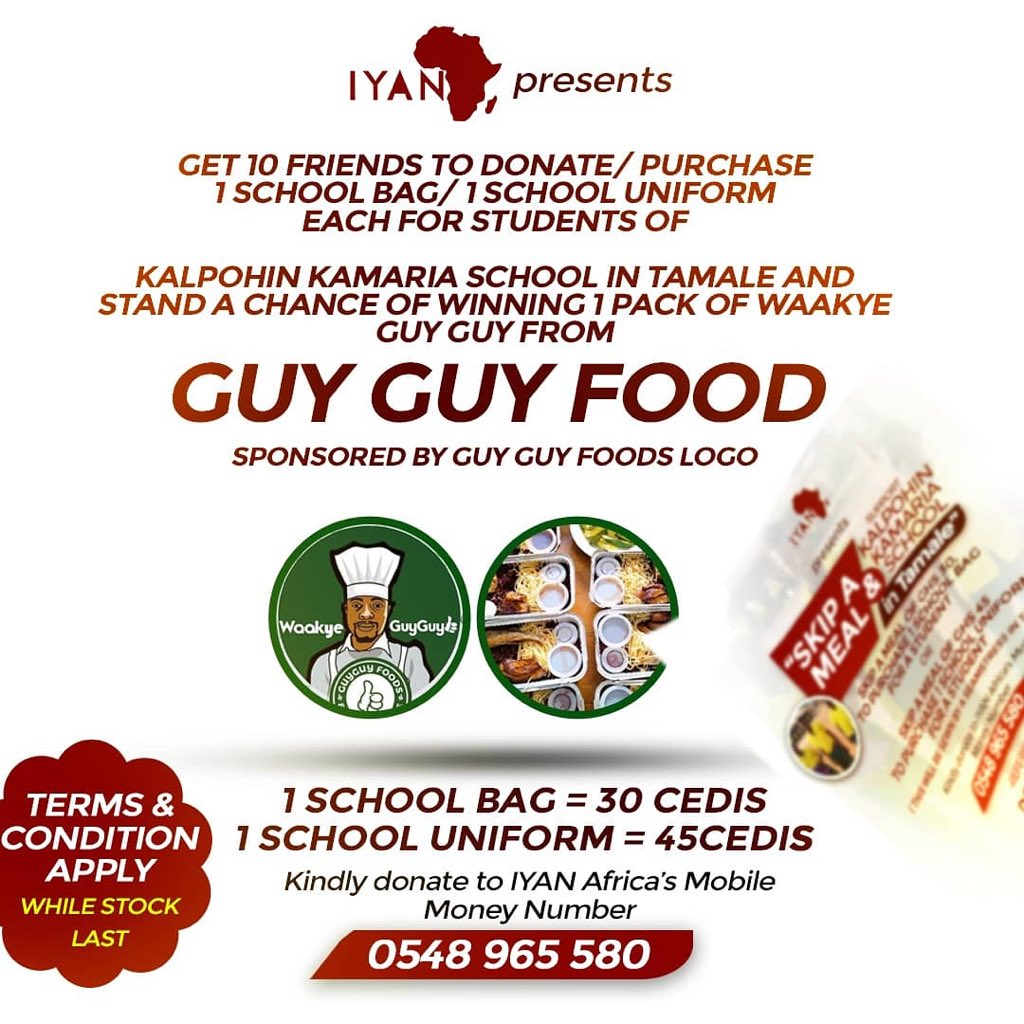 iamjorgio's tweet photo. Have you been wondering how to get your hands on that mouth-watering Waakye from Guyguy Foods?
Simply encourage 5 friends to Donate/Purchase a School Bag/School Uniform AND Guyguy foods will deliver your #WaakyeGuyGuy to your doorstep! 
#SeeFlyerForMoreDetailsOnHowToWin https://t.co/jgJ7DhvUja