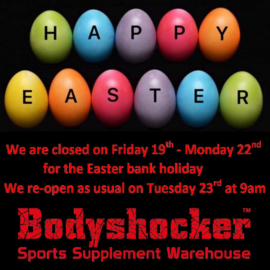 We’re closed for Easter, so if you need to stock up make sure you get in by the end of the day! A big happy Easter from us here at <a href="/BodyshockerUK/">Bodyshocker</a> 

#bodyshocker #happyeaster #supplements #supplement #supplementsthatwork #supplementsshop #supplementsstore #supplementwarehouse