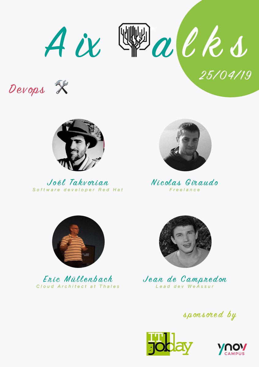 AixTalks's tweet photo. Cette semaine nous aurons le plaisir d'être reçus sur le Campus de @YnovCampus à Aix-en-Provence pour  l'IT Job Day #ITJobDay.

Nous interviendrons sur du DevOps !!!
Inscrivez vous directement sur notre page meetup => https://t.co/SVT7v3q7Pg 

#Aix #Meetup #Dev #Startup #Tech https://t.co/6kkWmO0uyC