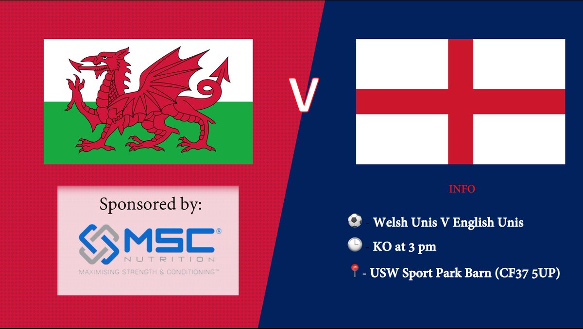 Welsh Universities Men's Football Team play their English Counterparts in the Home Nations decider at the Fantastic host arena <a href="/USWSport/">USW Sport</a> Park Indoor Barn.
Come support Wales!

🕒 - KO at 3 pm
📍- USW Sport Park Barn (CF37 5UP)

🔴🔴🔴
#TeamWales
#TogetherStronger